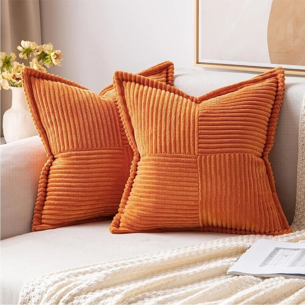 Orange Striped Texture Corduroy Decorative Farmhouse Luxury Soft Pillow CoverSet